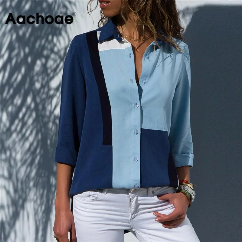 Aachoae Women Blouses 2020 Fashion Long Sleeve Turn Down Collar Office Shirt Blouse Shirt Casual Tops Plus Size Blusas Femininas Feminine Pastel Blouse