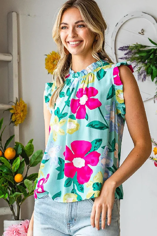 Floral Print Ruffle Shoulder Blouse Modern Oversized Blouse