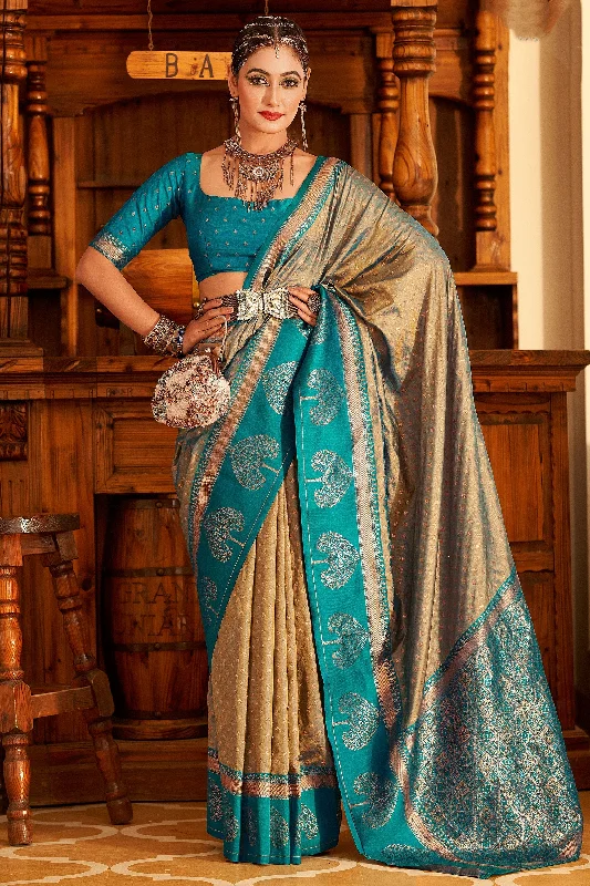 Radiant Brown Banarasi Art Silk Saree With Contrast Blouse Puff Sleeve Blouse
