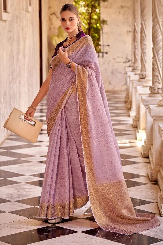 Lavender Color Pleasant Fancy Linen Saree With Velvet Blouse Satin Bow Blouse