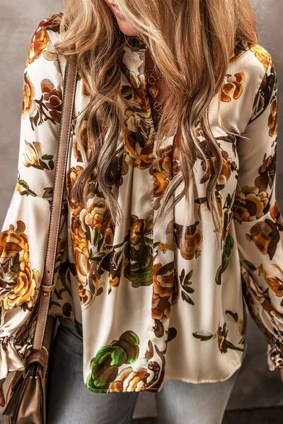 Printed Notched Long Sleeve Blouse Silky Tunic Blouse