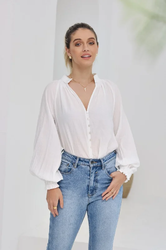 Erisa White Balloon Sleeve Blouse Playful Puff Blouse