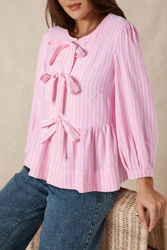 Hazel Blues® |  Tied Bow Striped Round Neck Blouse Feminine Tie Blouse