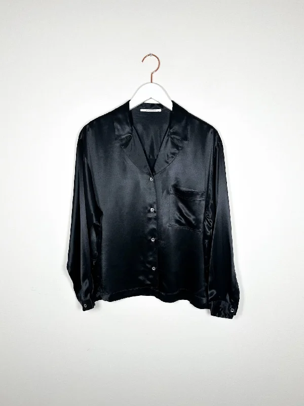 Pomandère - Satin Viscose Blouse - Black Ruched Sleeve Blouse