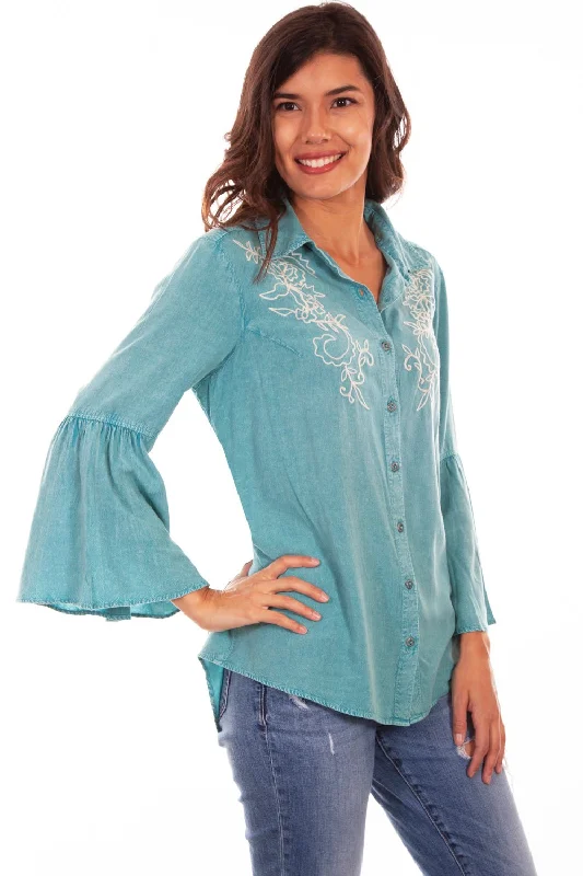 Scully Womens Turquoise Rayon Ivory L/S Blouse Elegant Peplum Blouse