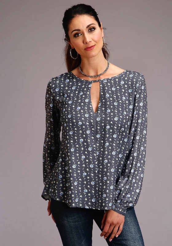Stetson Womens Grey Rayon/Nylon Prairie Flower L/S Blouse Smart Casual Blouse