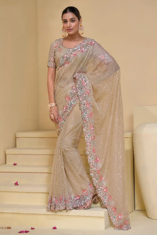 Cream Banarasi Function Wear Saree With Marvelous Blouse Frilled Cuff Blouse