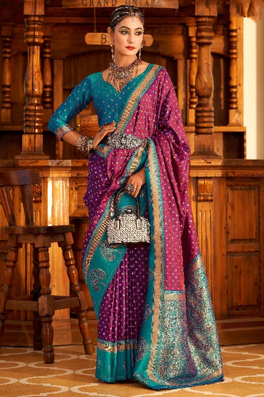 Elegant Purple Banarasi Art Silk Saree With Contrasting Blouse Drape Neck Blouse