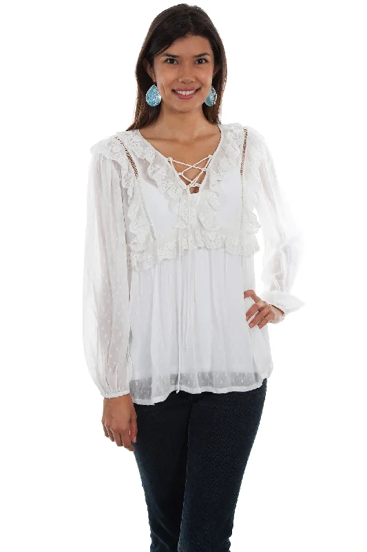 Scully Womens Ivory Polyester Swiss Dot L/S Blouse Sleeveless Chiffon Blouse