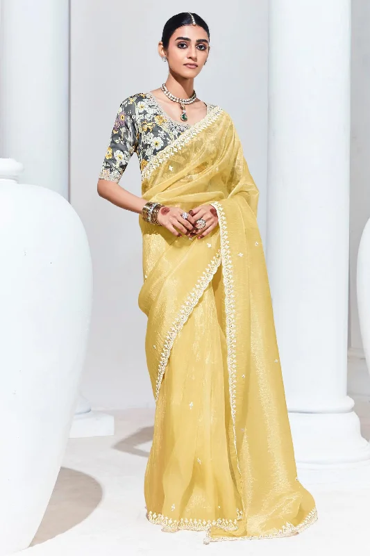 Yellow Designer Saree With Gorgeous Blouse Elegant Lace Blouse