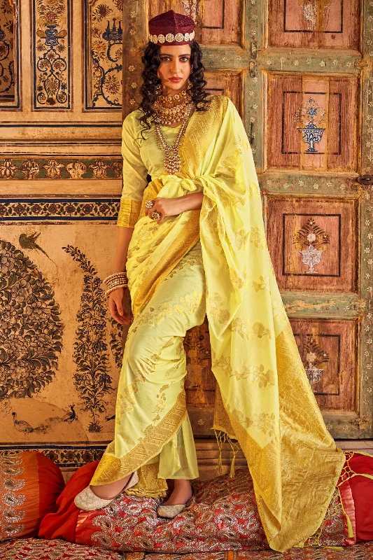 Weaving Work Yellow Chinon Georgette Festive Wear Saree With Blouse Slim Fit Blouse