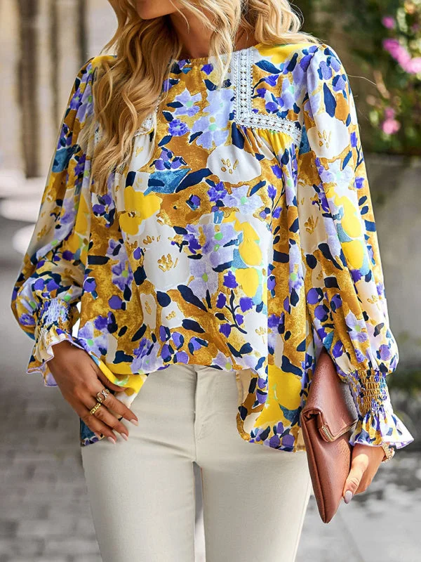 Women's lace stitching floral temperament top all-match blouse Silky Draped Blouse