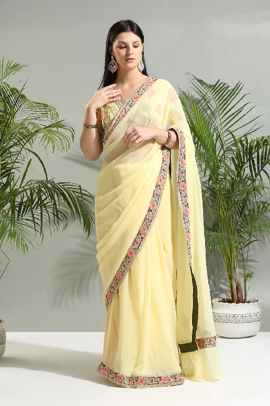 Yellow Saree With Floral Blouse Bell Sleeve Blouse
