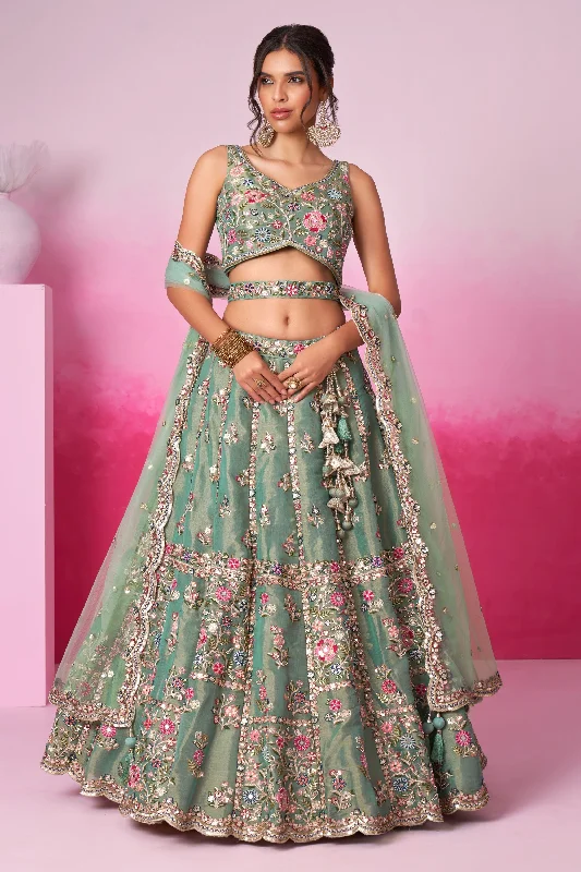 Sea Green Sequins Work Net Fabric Reception Wear Lehenga With Enchanting Blouse Loose Oversized Blouse