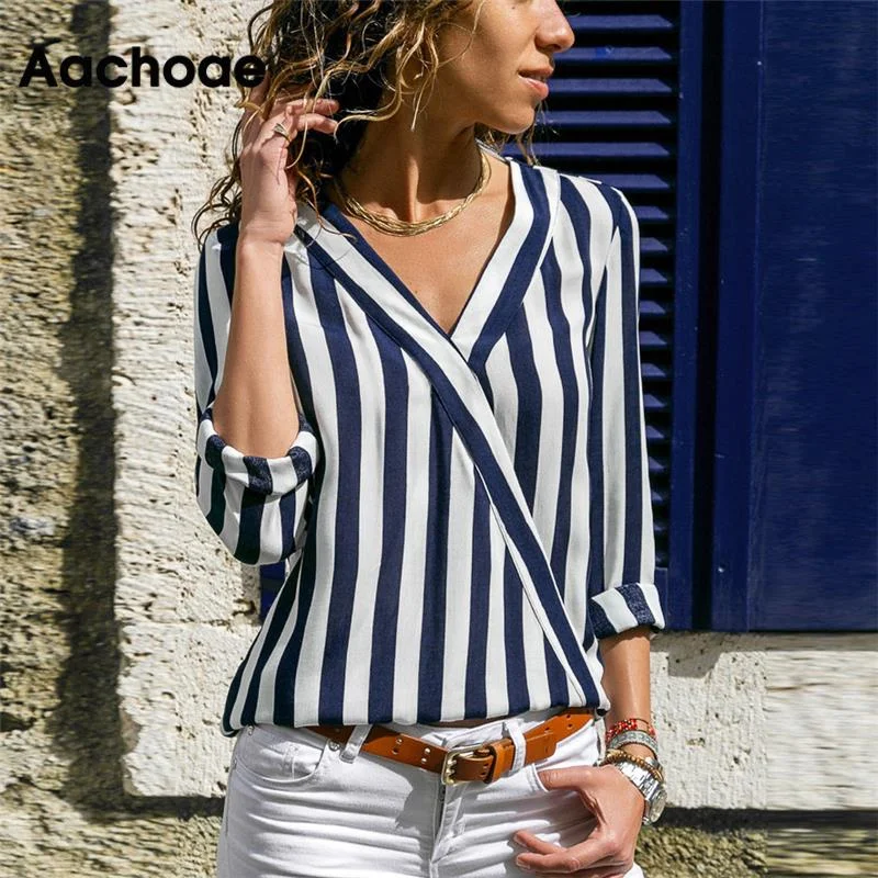 Aachoae Women Striped Blouse Shirt Long Sleeve V-neck Shirts Casual Tops Blouse et Chemisier Femme Blusas Mujer de Moda 2020 Side Tie Blouse
