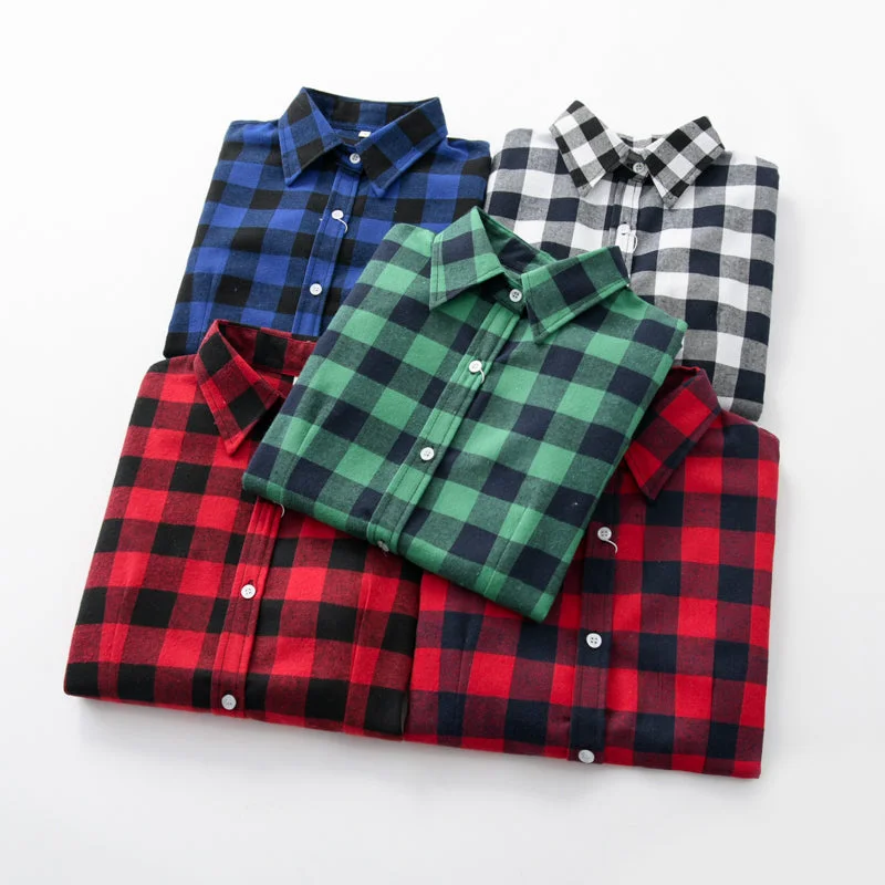 2020 Women Blouses Brand New Excellent Quality Flannel Red Plaid Shirt Women Cotton Casual Long Sleeve Shirt Tops Lady Clothes Lightweight Floral Blouse