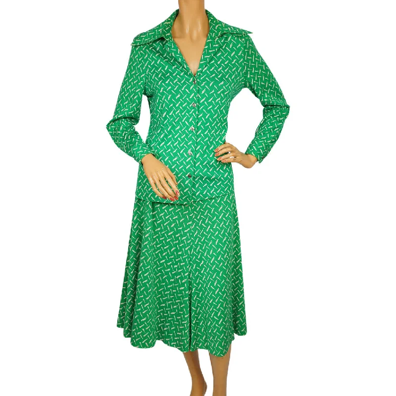 Vintage 1970s Diane Von Furstenberg 2 piece Ensemble Blouse & Skirt Green L 14 Elegant Silk Blouse