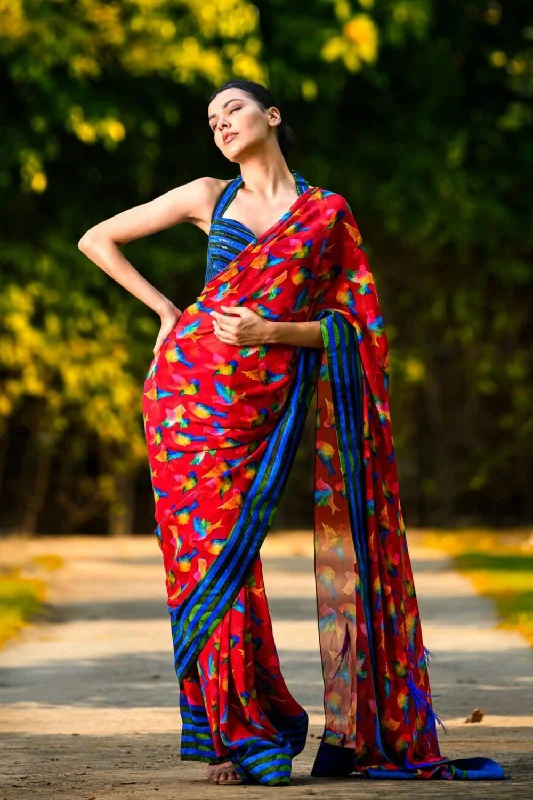 Hand Embroidered Blouse With Saree Ruffled Neck Blouse