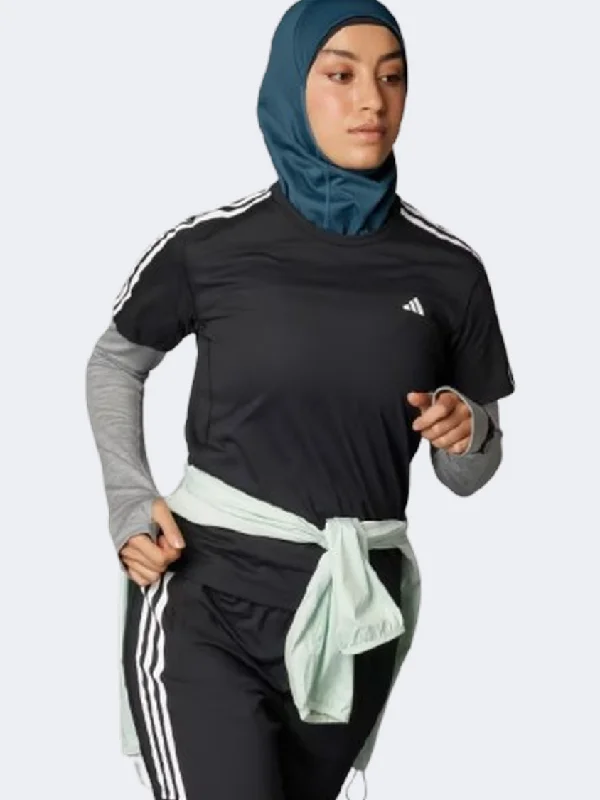 Adidas Own The Run Essential 3 Stripes Women Running T-Shirt Black/White-- Terry Blend Velvet Blend Canvas Blend