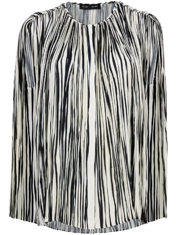 STRIPED PLEATED PRINTED SHEER CHIFFON BLOUSE Chic Square Blouse