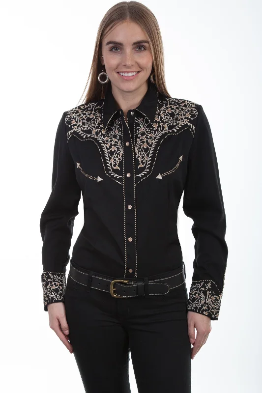 Scully Womens Black Poly/Rayon Scroll L/S Blouse Delicate Pleat Blouse