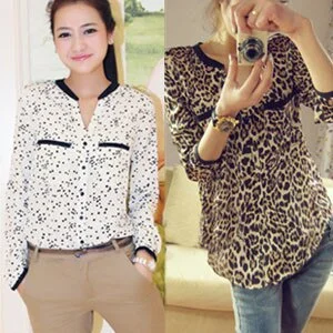 S/M/L plus size New Women Chiffon Leopard Print Summer long sleeve Shirt Top Button Down Blouse Boho Chic Blouse