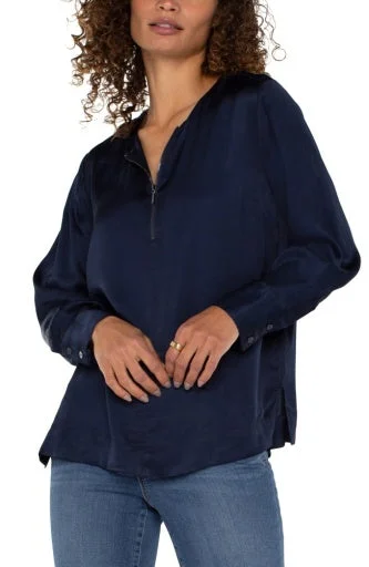 Long Sleeve Zip Front Woven Blouse Feminine Puff Blouse