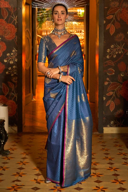 Silk Navy Blue Handloom Weaving Saree With Blouse Pastel Color Blouse