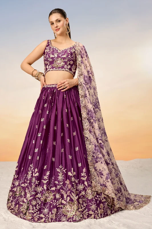 Purple Chiffon Function Wear Lehenga With Sequins Work And Enchanting Blouse Versatile Layering Blouse