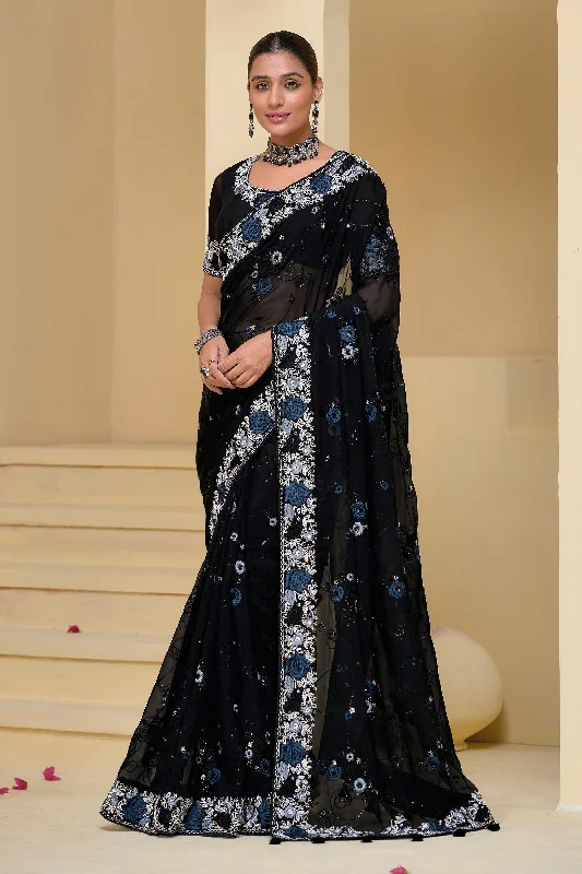 Black Banarasi Party Wear Saree With Enticing Blouse Short Sleeve Blouse