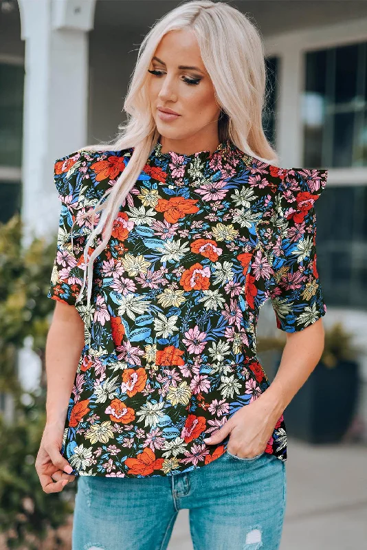 Floral Ruffle Shoulder Frill Neck Blouse Floral Chiffon Blouse