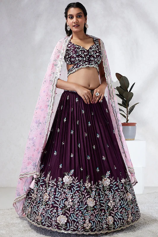 Burgundy Sequins Work Designs Wedding Wear Lehenga And Enigmatic Blouse Pleated Collar Blouse