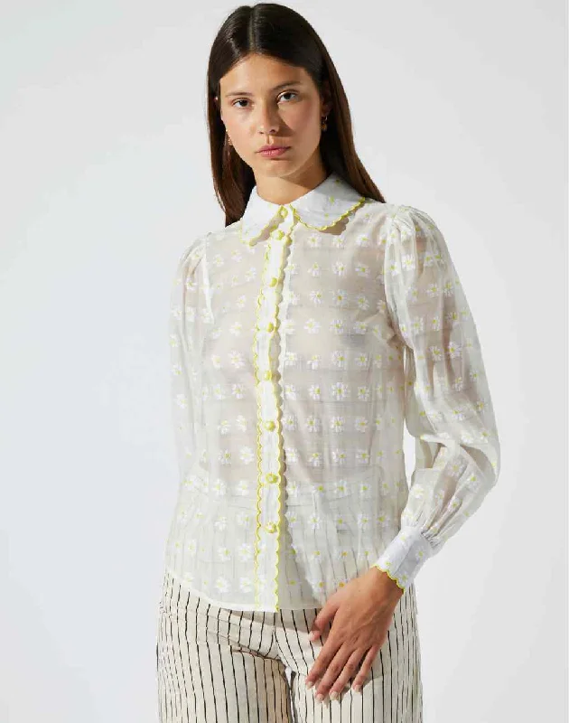 White Blouse with Whimsical Daisy Embroidery and Daisy Buttons Floral Print Blouse