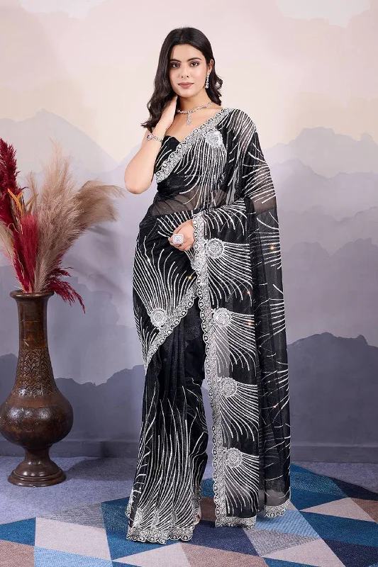 Black Net Function Wear Saree With Marvelous Blouse Classic Striped Blouse