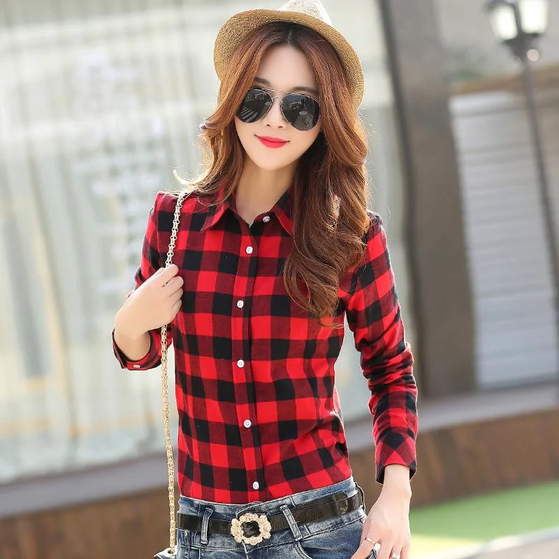 2019 New Brand Women Blouses Long Sleeve Shirts Cotton Red and Black Flannel Plaid Shirt Casual Female Plus Size Blouse Tops Classic Minimalist Blouse