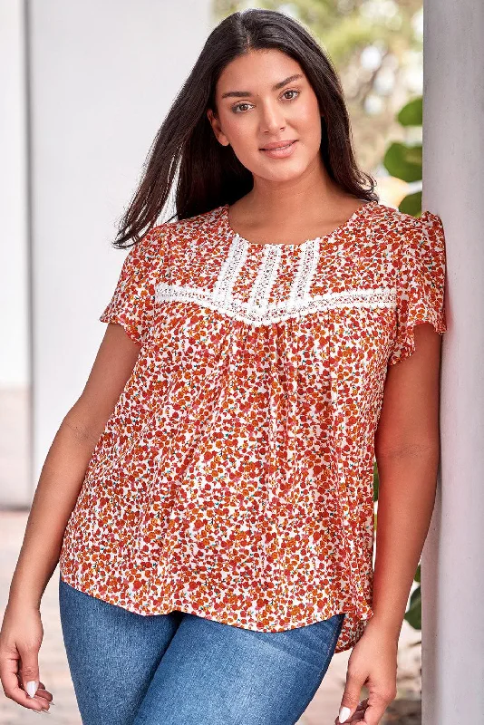 Plus Size Floral Lace Trim Round Neck Blouse Soft Knit Blouse