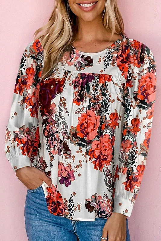 Floral Print Round Neck Long Sleeve Blouse Gathered Detail Blouse
