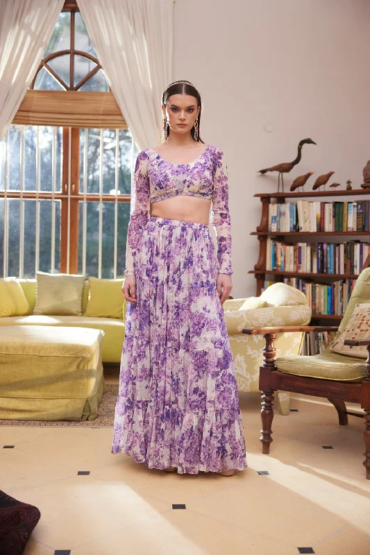 Purple Rasasvada Printed Skirt & Blouse Stylish Wrap Blouse