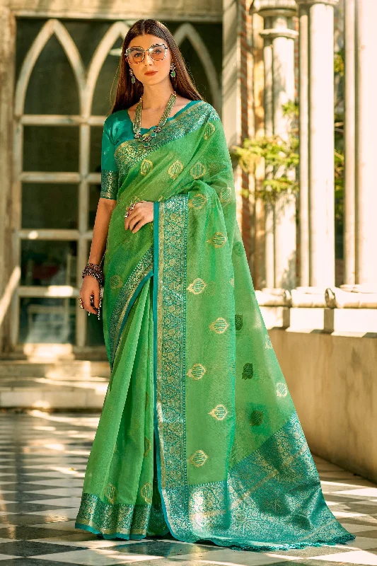 Tissue Silk Fabric Weaving Work On Sea Green Designer Saree With Designer Blouse Classic White Blouse