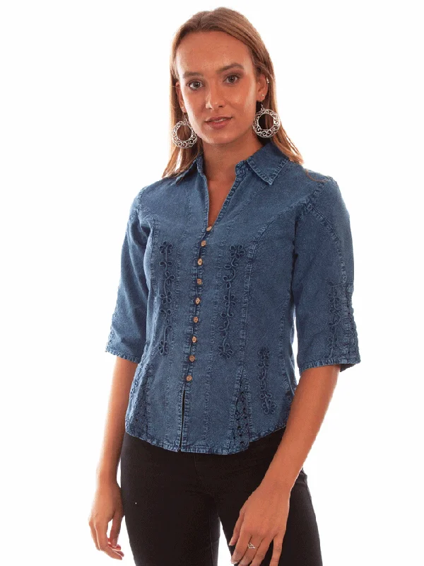 Scully PSL-064-DBL Womens 3/4 Sleeve Western Blouse Dark Blue Semi-Sheer Blouse