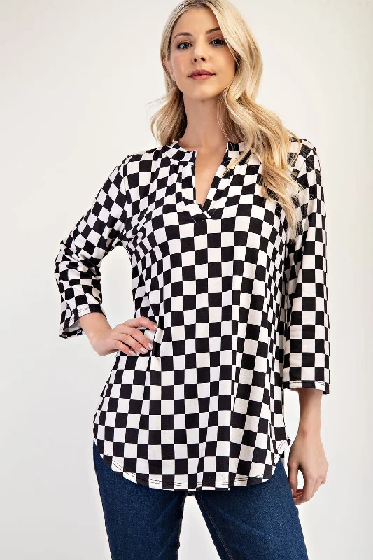 Hazel Blues® |  Celeste Curved Hem Checkered Notched Blouse Side Tie Blouse