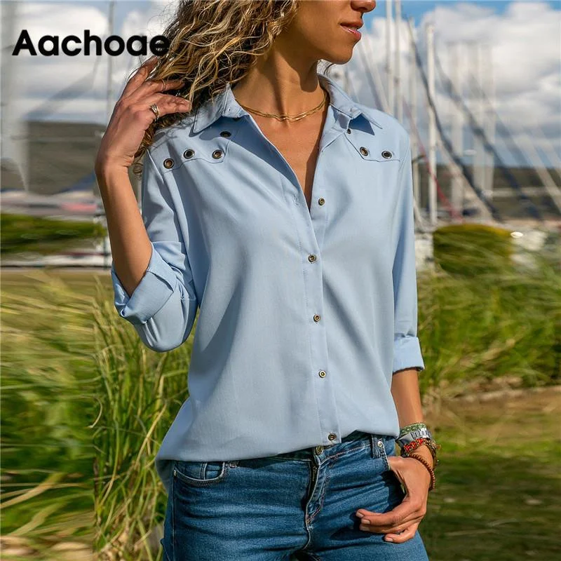 Aachoae Women Tops Blouses 2020 Spring Pure Long Sleeve Blouse Shirt Turn Down Collar Chiffon Blouse Office Shirts Blusas Camisa Delicate Pleat Blouse