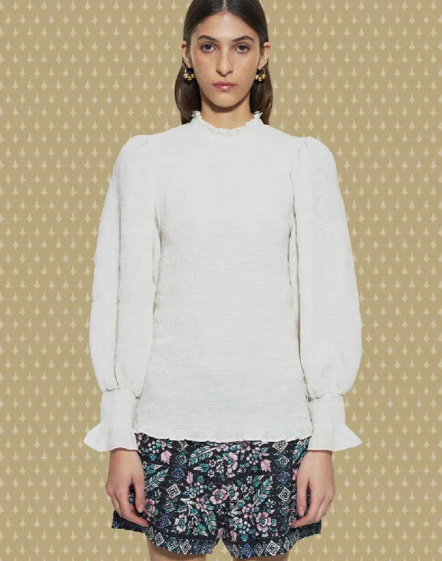 Smocked Hitala Off White Blouse with Ruffled Collar, Cuffs, and Hem | Ideal for Layering Elegant Silk Blouse