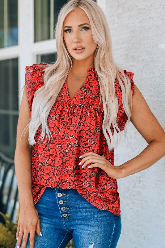 Floral Flutter Sleeve Notched Neck Blouse Pleated Collar Blouse