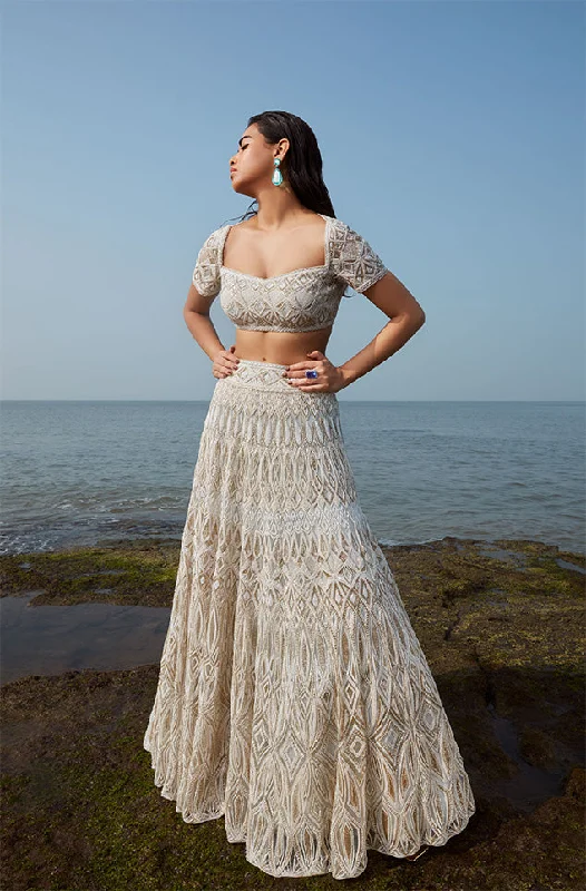 Grey Agnia Lehenga Set With Constructed Blouse And Dupatta Chic Off-Shoulder Blouse