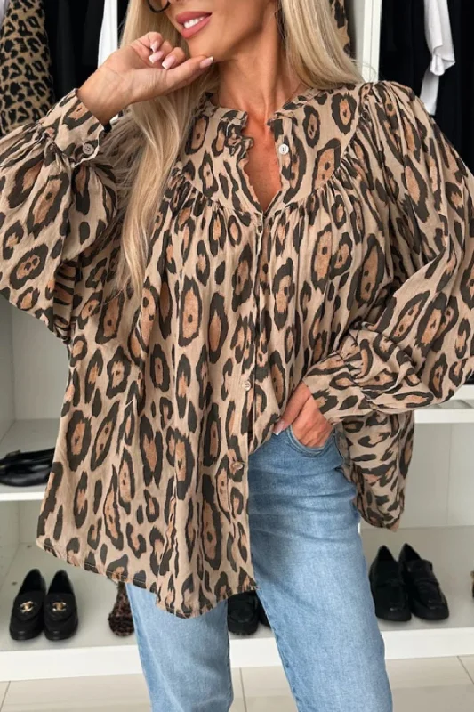 Hazel Blues® |  Leopard Notched Long Sleeve Blouse Floral Print Blouse