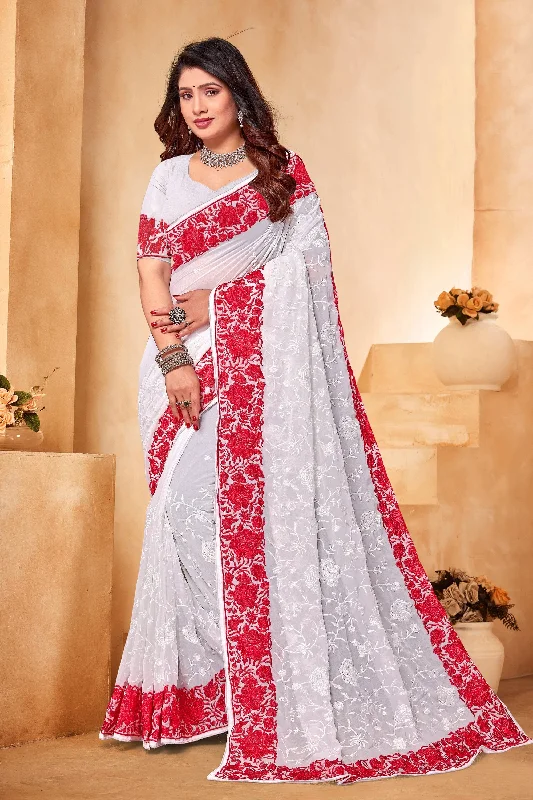 Embroidered Work White Georgette Saree With Pretty Blouse Everyday Stylish Blouse