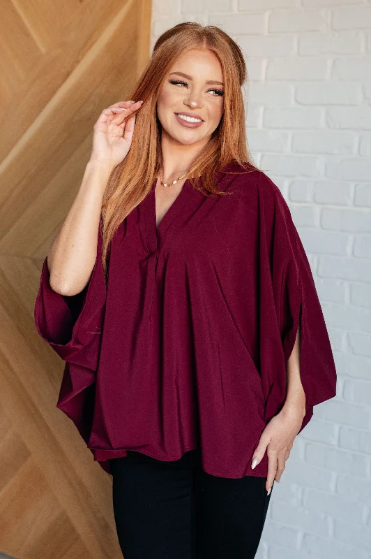 Hazel Blues® |  Universal Philosophy Blouse in Wine Sheer Sleeve Blouse