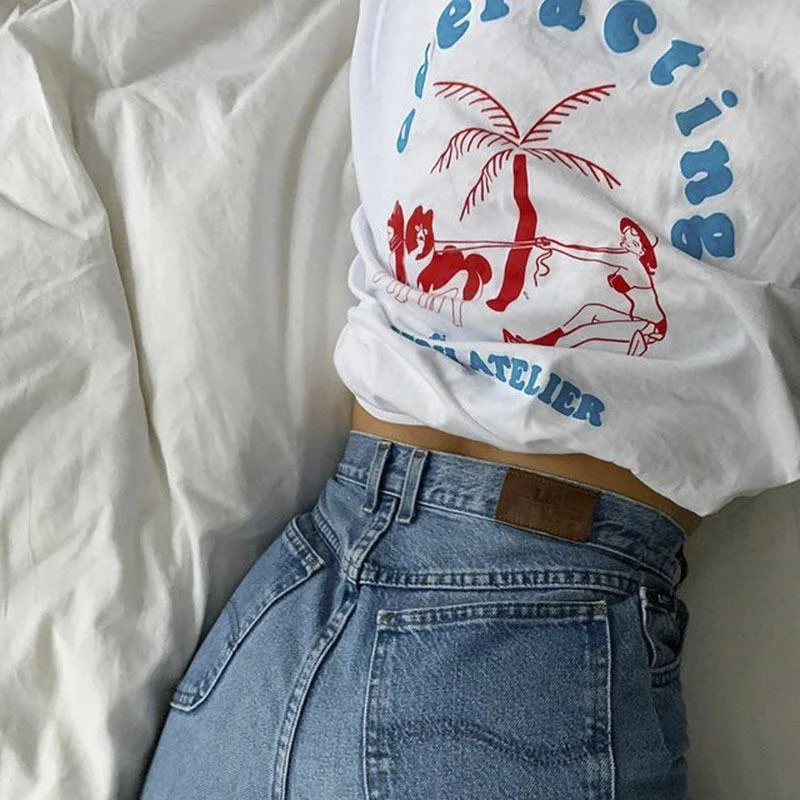 Summer Alphabet Print Short Sleeve T-shirt For Couples-- Ribbed T-Shirt High Neck Heavyweight