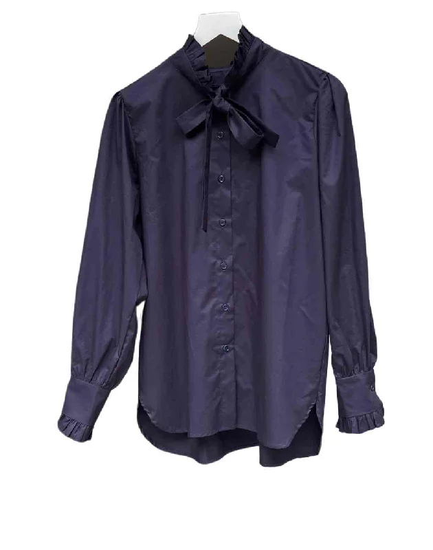 Classic Navy Diane Blouse with Tie and Ruffle at Neck | Long Sleeves with Ruffled Cuff Lightweight Chiffon Blouse